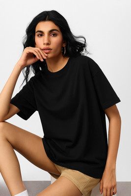 tooidde Solid Women Round Neck Black T-Shirt