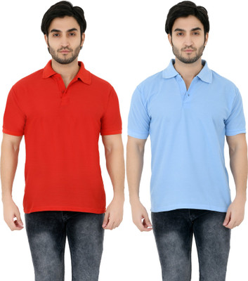 YUALIN CREATION Solid Men Polo Neck Light Blue T-Shirt