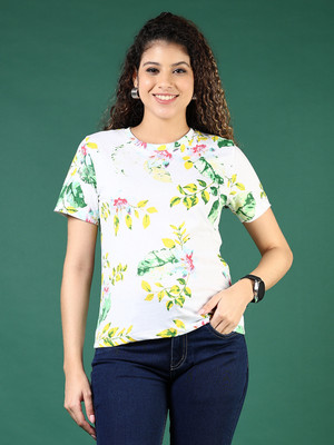 V-MART Printed Women Round Neck White T-Shirt