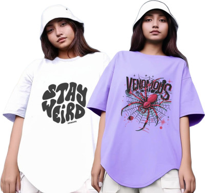 R S Fashion Printed Women Round Neck White, Purple T-Shirt