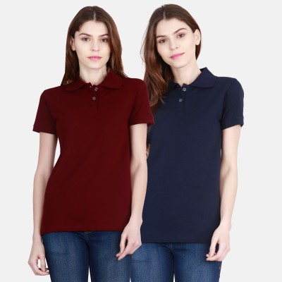 Fleximaa Solid Women Polo Neck Dark Blue, Maroon T-Shirt