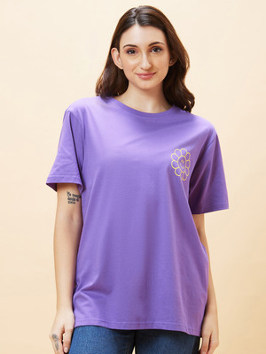 Globus Printed Women Round Neck Purple T-Shirt