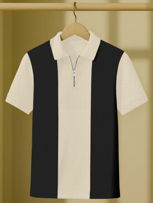 KAJARU Striped Men Zip Neck Black, Beige T-Shirt