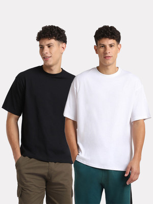 NOBERO Solid Men Round Neck Black, White T-Shirt