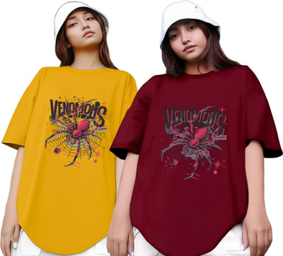 Xsware Printed Women Round Neck Yellow, Maroon T-Shirt