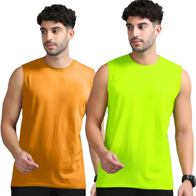 Adorbs Solid Men Round Neck Orange, Green T-Shirt