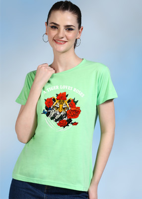 CHOZI Printed Women Round Neck Light Green T-Shirt