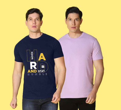 WOOSTRO Printed, Solid Men Round Neck Blue, Pink T-Shirt