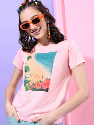 Tokyo Talkies Printed Women Round Neck Pink T-Shirt