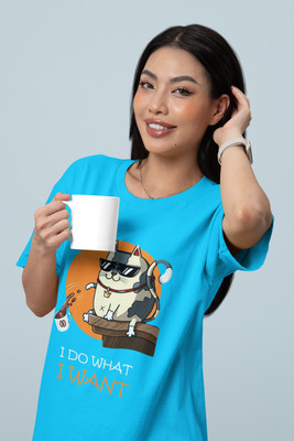 PD CLORI Printed Women Round Neck Blue T-Shirt