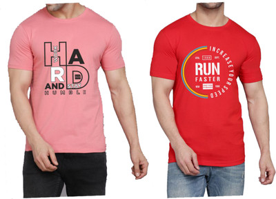 WOOSTRO Printed Men Round Neck Pink, Red T-Shirt