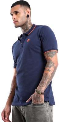 WROGN Solid Men Polo Neck Blue T-Shirt