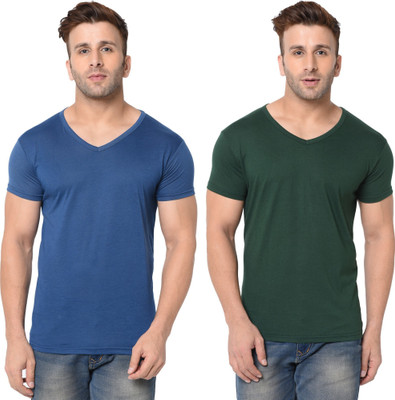 Adorbs Trend Solid Men V Neck Dark Blue, Dark Green T-Shirt