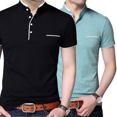 Lets Shine Solid Men Mandarin Collar Black, Light Green T-Shirt