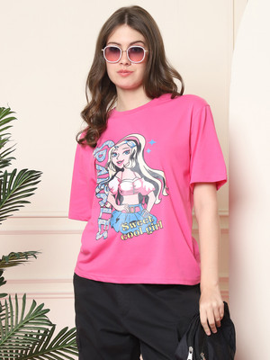 Fabflee Printed Women Round Neck Pink T-Shirt