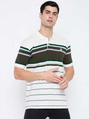 DUKE Striped Men Polo Neck White T-Shirt