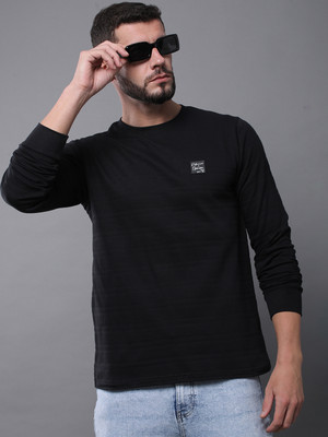 DIFFERENCE OF OPINION Self Design, Printed Men Round Neck Black T-Shirt