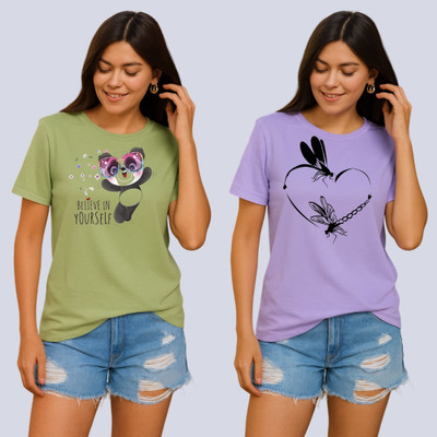 Lecowar Graphic Print Women Round Neck Green, Purple T-Shirt