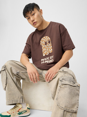 The Souled Store Printed Men Round Neck Brown T-Shirt