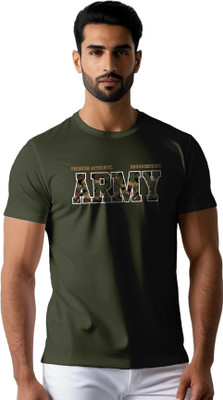 PeppyZone Printed, Typography Men Round Neck Dark Green T-Shirt
