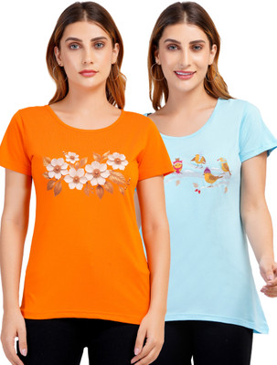 Romaisa Floral Print Women Round Neck Reversible Orange, Light Blue T-Shirt