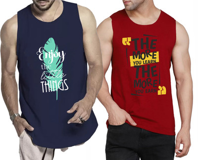 WOOSTRO Printed Men Round Neck Navy Blue, Maroon T-Shirt