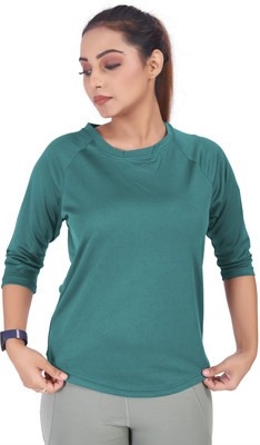 MYo2 Solid Women Round Neck Green T-Shirt