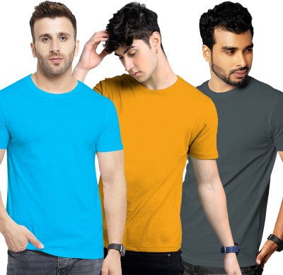 FADMARK Solid Men Round Neck Brown, Grey, Blue T-Shirt