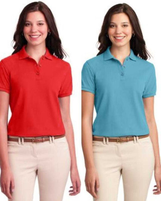 maketin Solid Women Polo Neck Blue, Red T-Shirt
