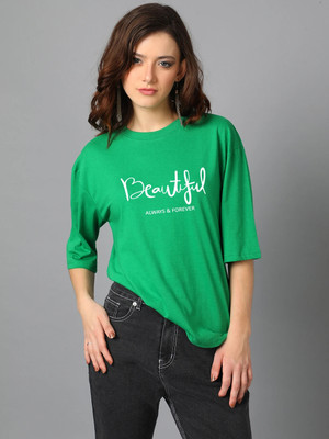 KOTTY Typography Women Round Neck Green T-Shirt