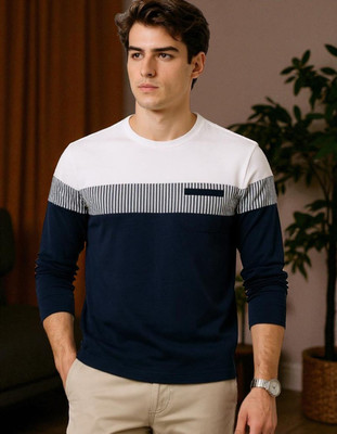 FASHIUM Colorblock Men Round Neck Navy Blue, White T-Shirt