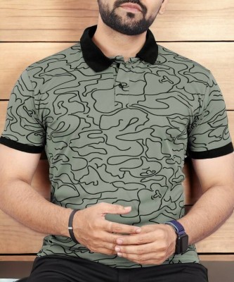 BRIGHT KRAFT Printed Men Polo Neck Dark Green T-Shirt