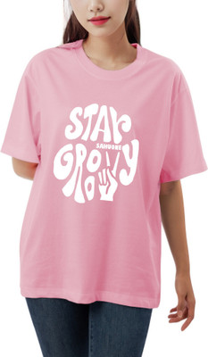 etsun Typography Women Round Neck Pink T-Shirt