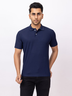 EMERALD Solid Men Polo Neck Dark Blue T-Shirt