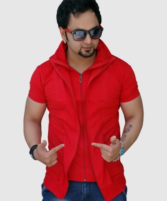 Black Collection Solid Men Zip Neck Red T-Shirt