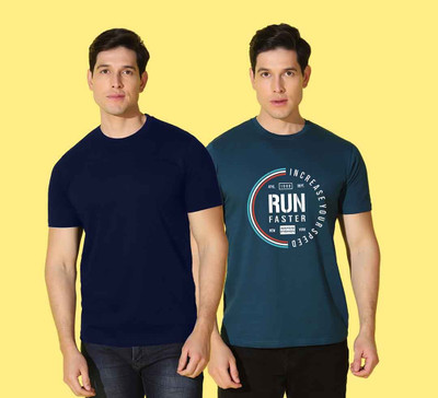 WOOSTRO Printed, Solid Men Round Neck Blue T-Shirt