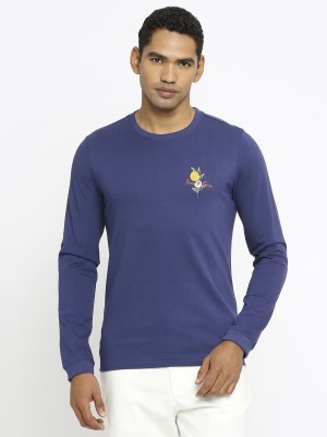 BASICS Solid Men Crew Neck Blue T-Shirt