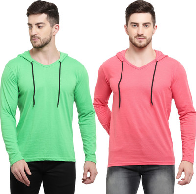 Tresna Trending Solid Men Hooded Neck Pink, Light Green T-Shirt