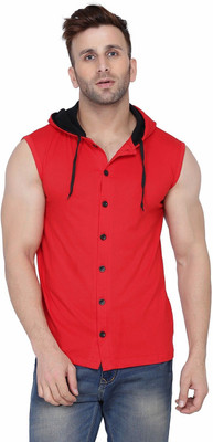 GEUM Solid Men Hooded Neck Red T-Shirt