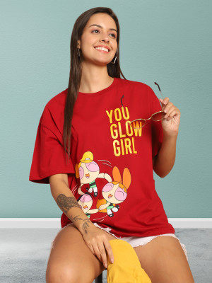 DreamBe Cartoon Women Round Neck Red T-Shirt