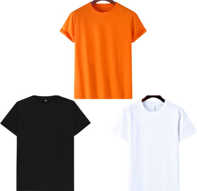P collection Solid Men Round Neck Orange, Black, White T-Shirt
