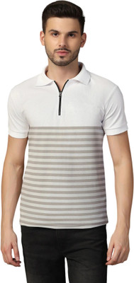 tfurnish Striped Men Polo Neck Grey T-Shirt