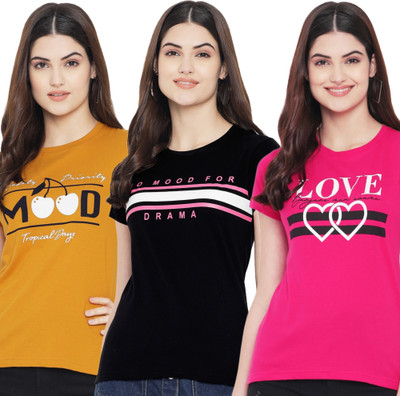 Fabflee Typography Women Round Neck Multicolor T-Shirt