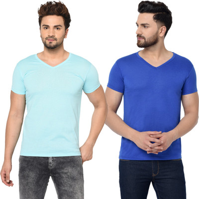 Tresna Fab Solid Men V Neck Light Green, Blue T-Shirt