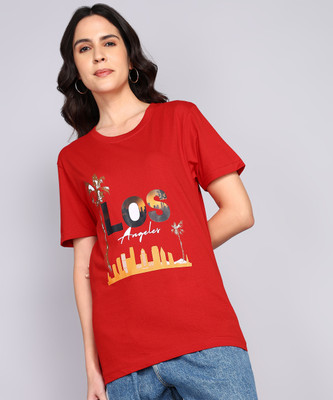 Thumb Print Printed Women Round Neck Red T-Shirt