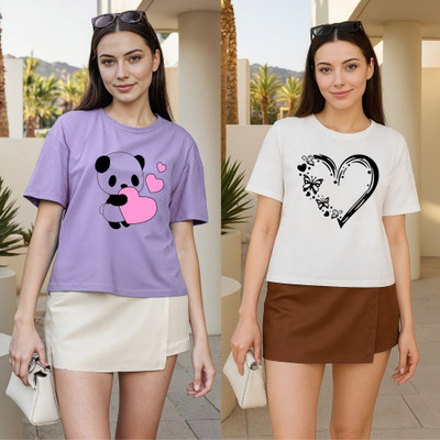 Kasendra Printed Women Round Neck Purple, White T-Shirt