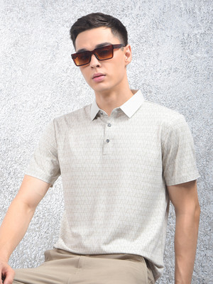 CRIMSOUNE CLUB Self Design Men Polo Neck Beige T-Shirt