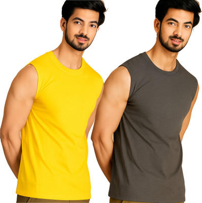 Jangoboy Solid Men Round Neck Yellow, Grey T-Shirt