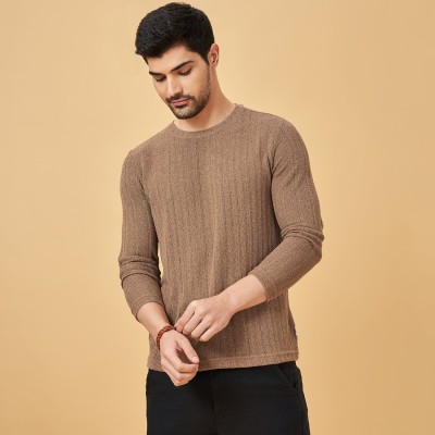 7 Alt by Pantaloons Solid Men Round Neck Brown T-Shirt