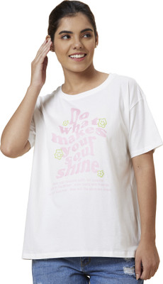 Globus Printed, Typography Women Round Neck White T-Shirt